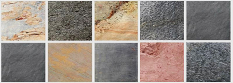 Gamme de couleurs et textures des schistes Flexi-Pierre. Gamme de couleurs et textures des schistes Flexi-Pierre.