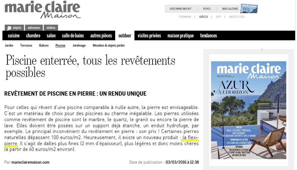Marie-Claire Maison cite Flexi-Pierre dans les solutions pour le bassin de la piscine.