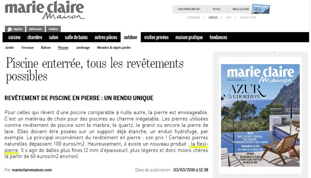 Feuille de pierre Flexi Pierre dans Marie Claire Maison, Ã propos de l'application en piscine. Marie-Claire Maison cite Flexi-Pierre dans les solutions pour le bassin de la piscine.